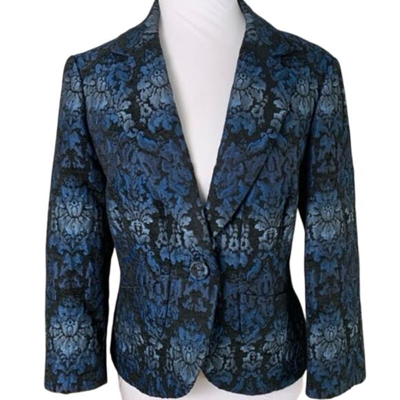 Vintage Nine West Size 8 Blue Jacquard Print Blazer Jacket One Button Holiday - Picture 1 of 10